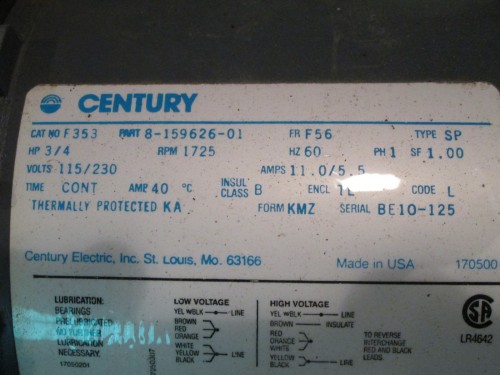 3/4 HP Century Electric Motor